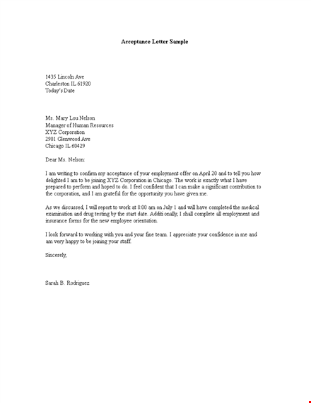 formal job acceptance letter template