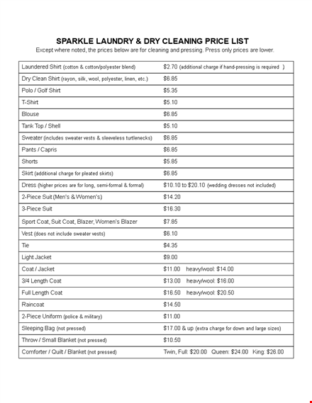 price list template