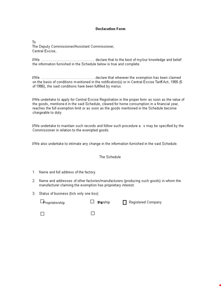 declaration form template - schedule for goods with central excise exemption template