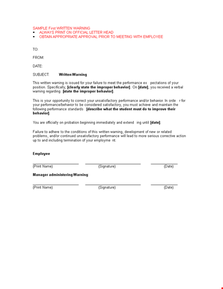 first-written-warning-letter-template