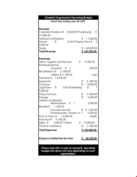 organization operating budget template template