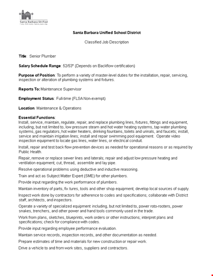 senior plumber job description & equipment repair: expertise & plumbing abilities template