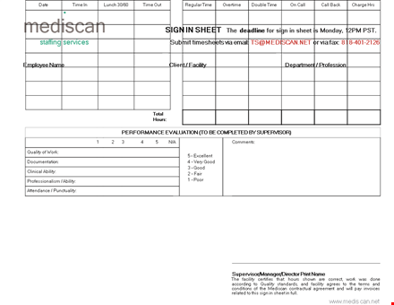 employee sign in sheet with detailed information and supervisor signature - mediscan template