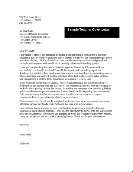 elementary teacher job application letter template