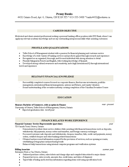 personal banking representative resume - ottawa, ontario | advanced management template