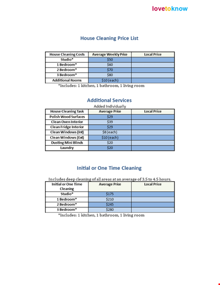 price list template for cleaning - average prices for clean bedroom template