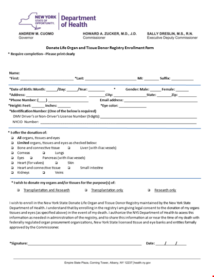 organ donation enrollment form template