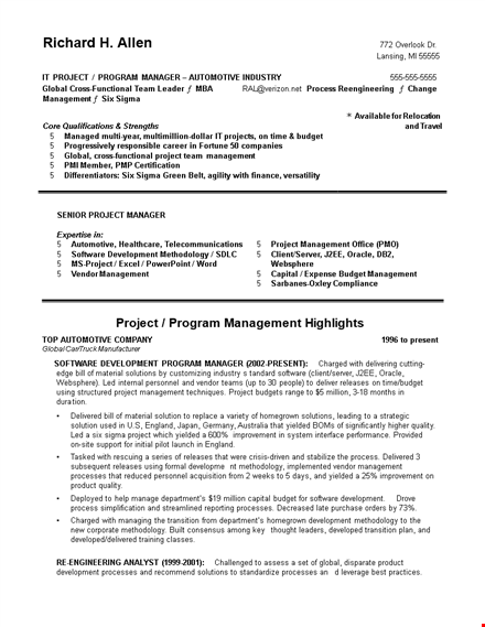 global it program manager: expertise in project management, development methodologies | resume template