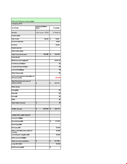 projected balance sheet format template