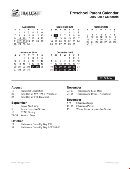 preschool parent calendar template template