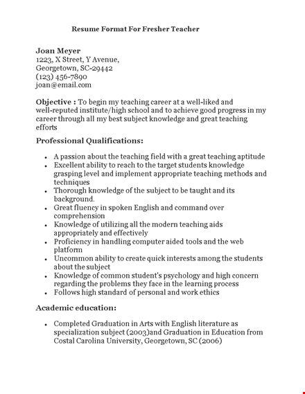 resume format for fresher teacher template