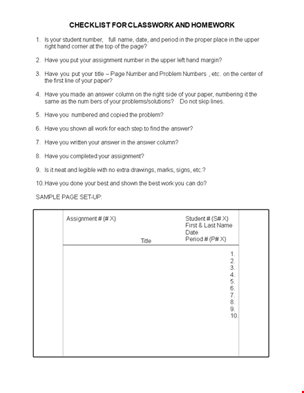 class homework work checklist template template