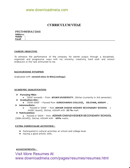 mba hr fresher resume format doc template