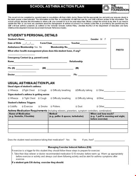 school asthma action plan template template