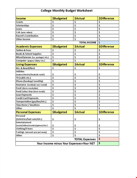 college budget template: track expenses, income & differences - free monthly printable template