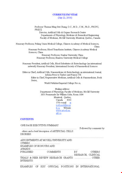 cv executive summary example: transforming blood with artificial cells template