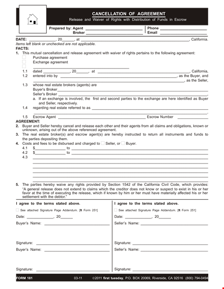 real estate cancellation form - agreement, release, seller, buyer, signature template