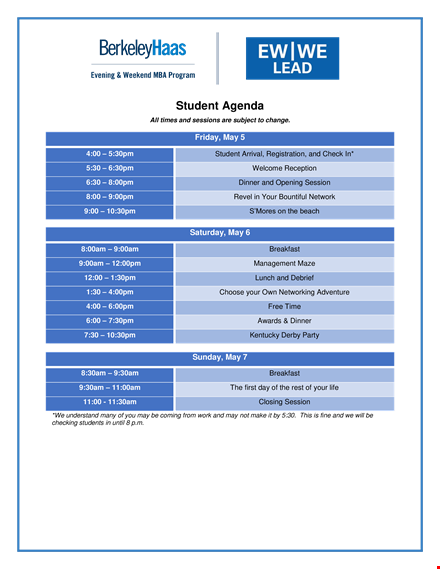 student agenda example template