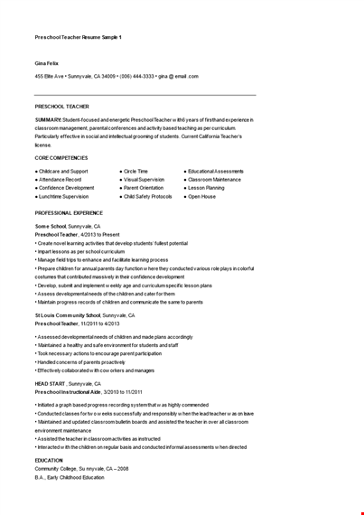 preschool teacher resume example template