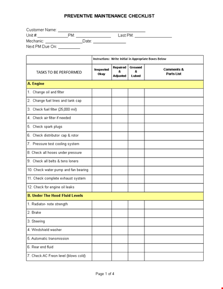 vehicle maintenance log template - check tasks, fluid performed template