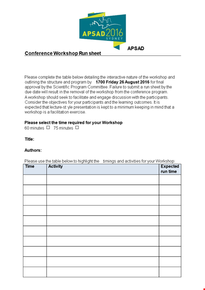 conference run sheet template - plan your conference & workshop efficiently | apsad template