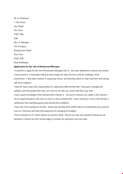 restaurant manager resume cover letter | achieve success as a manager in the restaurant industry template