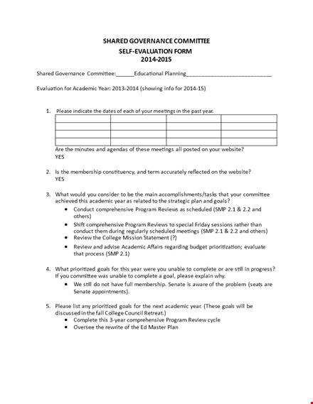 effective self evaluation examples for academic committees and governance-shared goals template