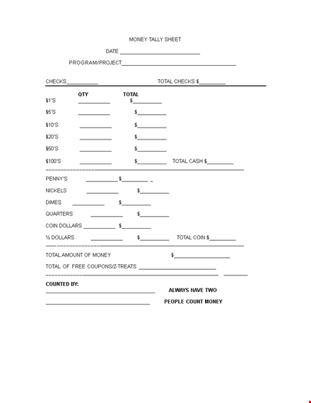 money tally sheet template template