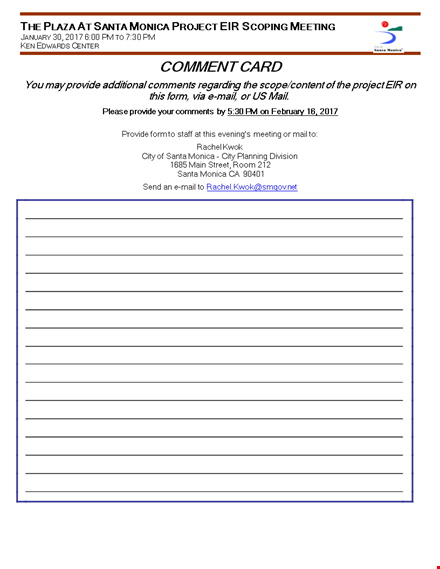 provide santa monica comment card template template