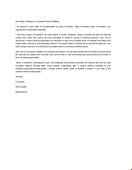 job recommendation letter for student template