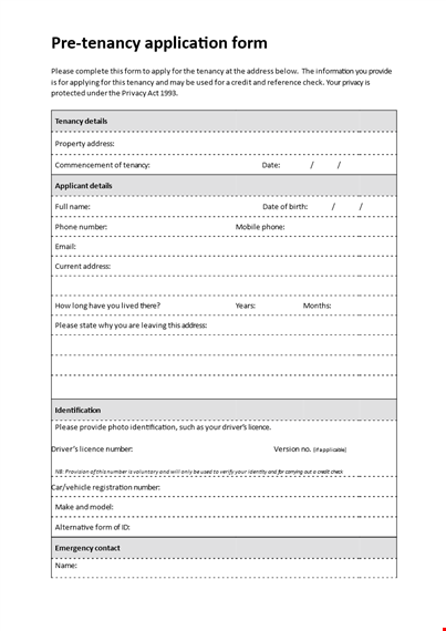 pre tenancy application form - credit, please fill in the information, phone for tenancy template