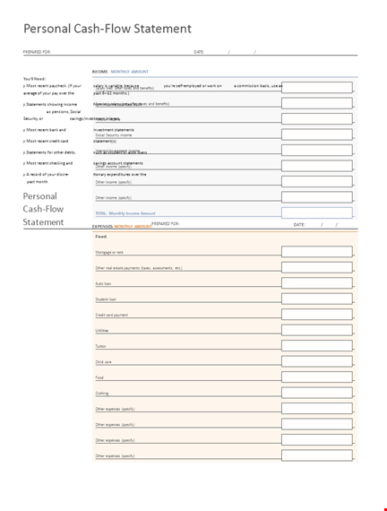 personal cash flow statement format template