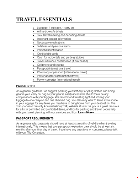 essential packing list template for stress-free travel | passport, luggage & more template