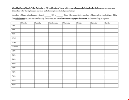 weekly hourly schedule template template