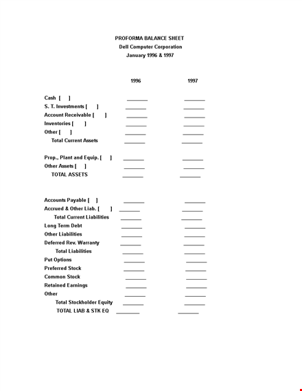 proforma balance sheet template template