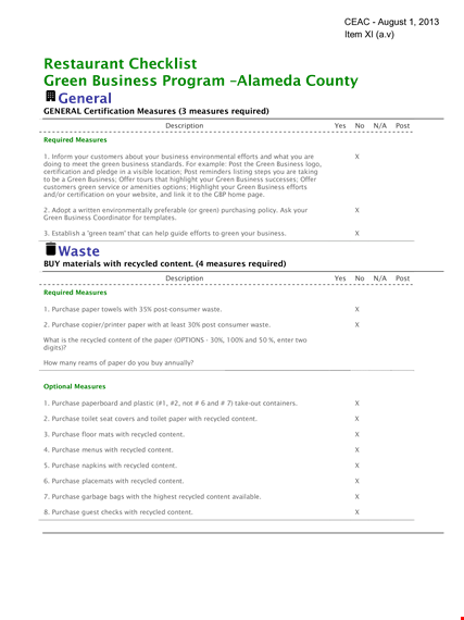 free restaurant checklist template template