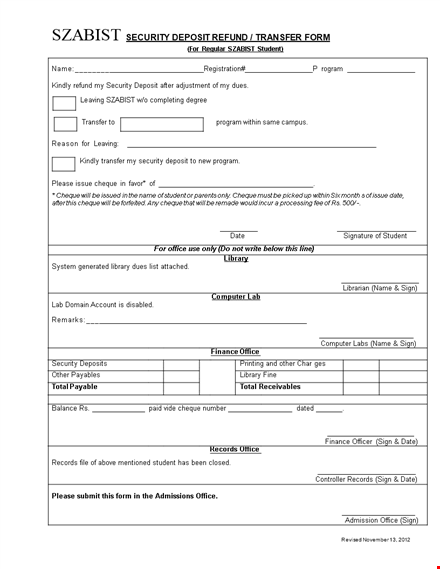 send a security deposit return letter to office, student with cheque template