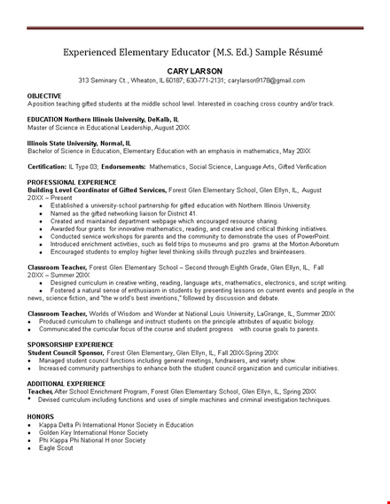 experienced elementary teacher resume template