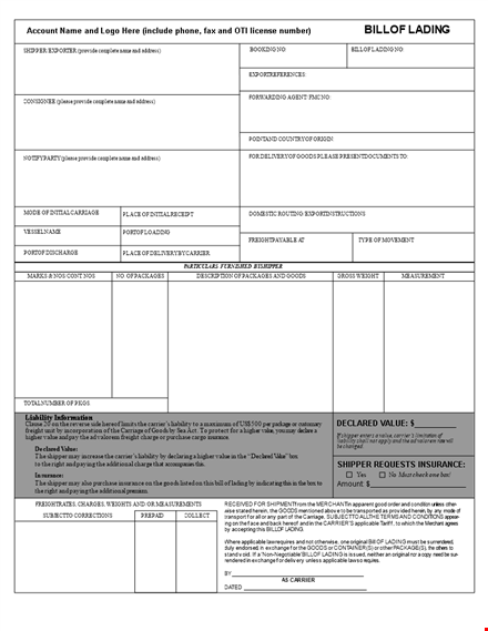 bill of lading form template