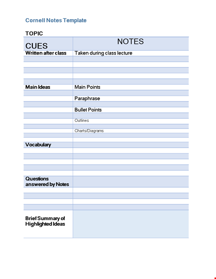 cornell notes template for effective note-taking | class, points, and ideas template