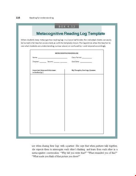 free reading log template for students - promote metacognitive skills template