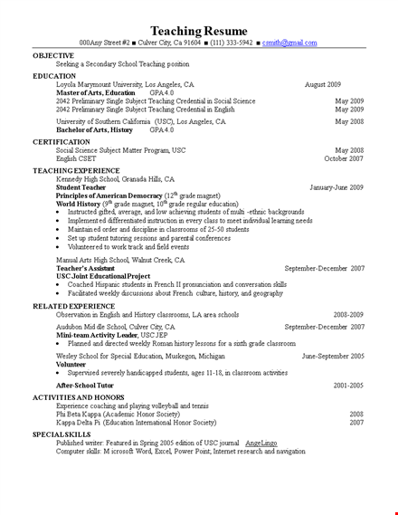 professional resume for teaching template