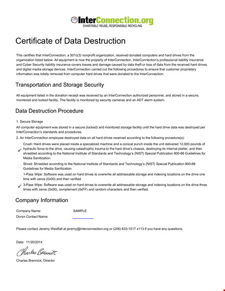 certificate of data destruction template template