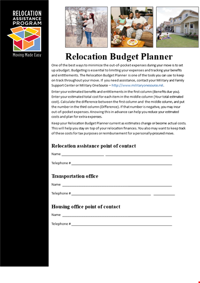 printable relocation budget planner template