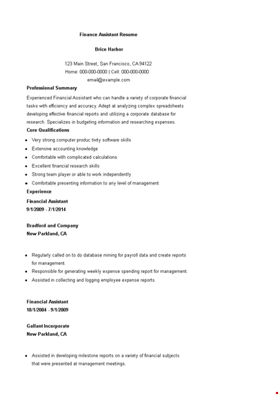 finance assistant resume template