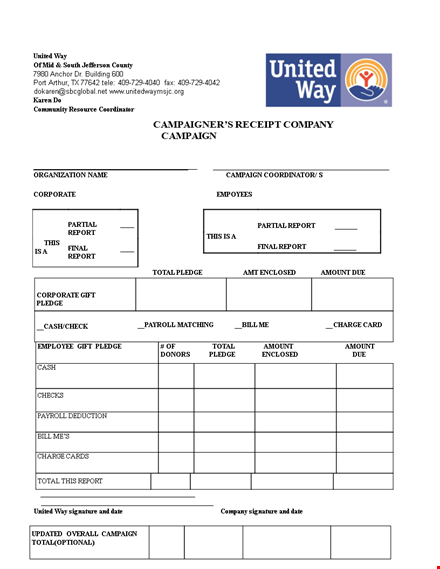 generate a campaign receipt report for total amount pledged by company template