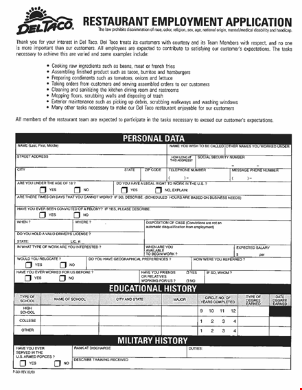 restaurant job application form in pdf template