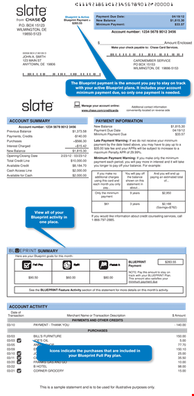 chase bank account statement | payment, balance, blueprint template