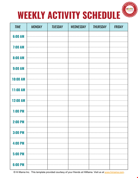 weekly activity schedule templates template