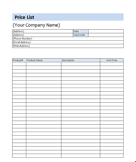 affordable price list template for your products | include address & prices template